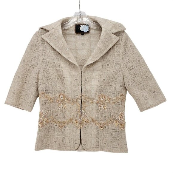 Cynthia Rose Beige Semi Sheer Lace Top Blouse Size SMALL Embroidered Rhinestone - Picture 2 of 7